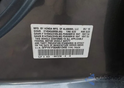 2010 Honda Ridgeline Rtl z USA, uszkodzony, nr VIN 5FPYK1F50AB013492